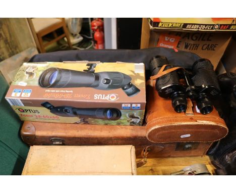 Pair of Cased Seeker 7 x 50 Binoculars in Leather case, Boxed Optus Zoom 20-60x60 Scope and a Cobra Tripod