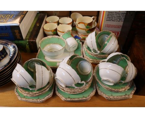Carltonware green gilt banded tea set and a Art Deco Morley ware Tree pattern part tea set 