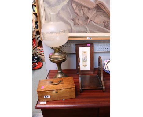 Oak Late 19thC Tea Caddy Box with brass escutcheon and handle, Oak Bookshelf, Brass Oil lamp with shade and a Silk Little Bo-