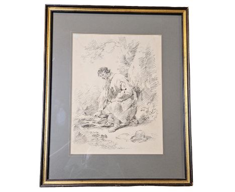 Late 18thC Pencil sketch depicting a wood carrier in the manner of George Morland (1763-1804). 33 x 25cm 