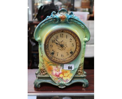 Royal Bonn European ceramic mantel clock case with Ansonia USA New York movement. 30cm in Height 