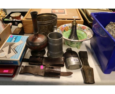 Copper Powder Flask, 3 Leather Knife Frogs, Persian turned vase and assorted items