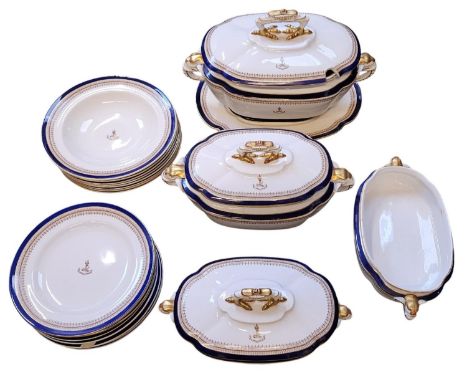 19thC Royal Worcester Vitreous pottery dinner service, printed in blue with overgilding and floral ornament, with bird claw a