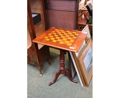 19thC Mahogany Chequered topped square games table on turned tripod base 
