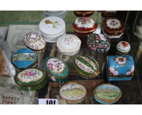 Collection of assorted Bilston type and other Patch and lidded pots to include Limoge and Halcyon Days 