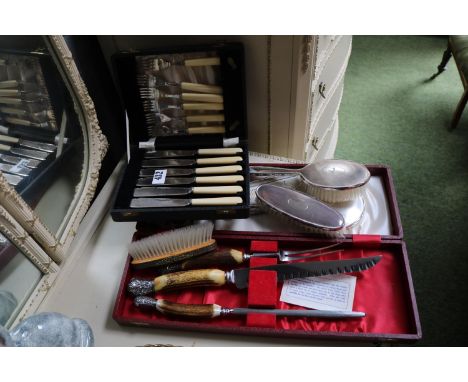 Good quality Cooper Brothers Carving set with Antler Handles and a collection of Silver plated flatware 