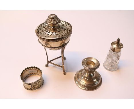 Neoclassical Silver Potpourri raided on Hoof feet Chester 1911, Silver Squat candlestick, Silver topped Salt and a Silverplat