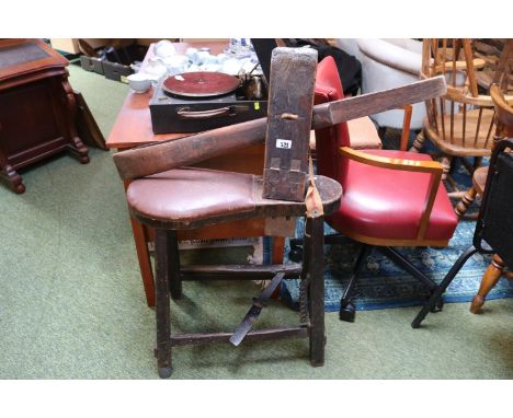 19thC Elm and Oak Saddlers Mule saddle stool with clamp 