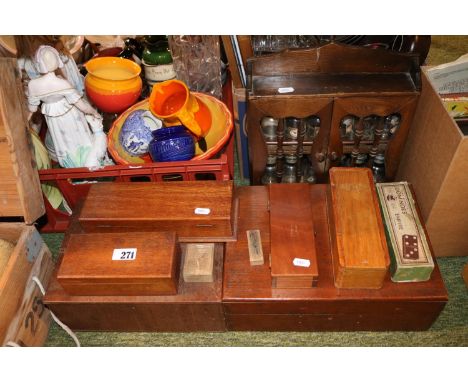 Collection of wooden boxes and a Spindle fronted spice rack 