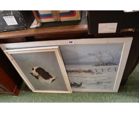R I Scott Oil on board of Quails and Pheasants and a Oil on board of a Spaniel 
