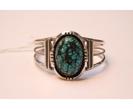 Native American Silver Oval Turquoise set Bangle 36g total weight 