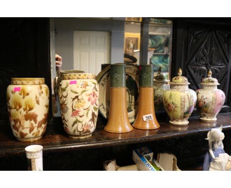 2 Zsolnay floral decorated vases, Pair of Doulton sleeve type vases, Pair of Dresden panelled vases and a Interesting Plate  