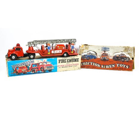 A Japanese tin plate fire engine with automatic extension ladders and Mettoy Friction Siren Toy.
