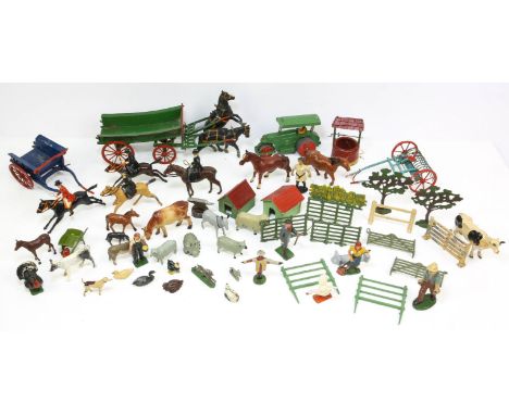 A collection of Britain's lead farmyard figures with four hunting horses with riders