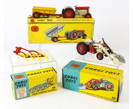 Three Corgi Toy models no 56, 53 and gift set no 7 Massey Ferguson 65 Tractor and tipper trailer.Condition Report:  All items