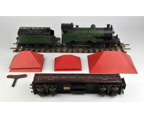 Gauge One Locomotive and carriages Clockwork. Condition Report:  Item bears no name but runs once wound.