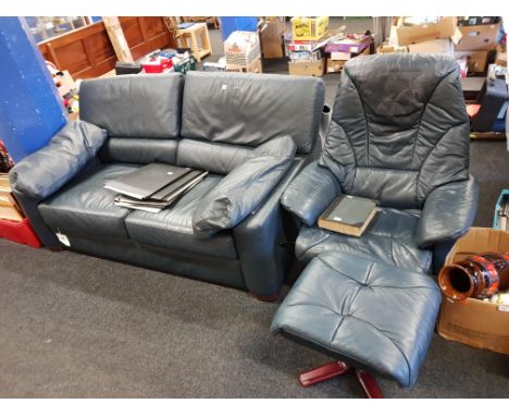 LEATHER SOFA, CHAIR AND FOOTSTOOL