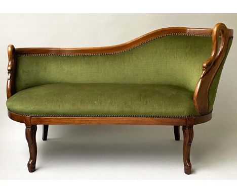 SOFA, French style fruitwood with studded green plush upholstery and carved swan arms, 129cm W. 