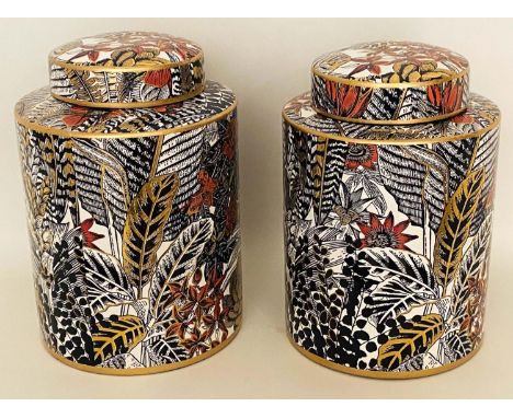 GINGER JARS, pair, 30cm x 19cm, glazed ceramic, foliate print. (2) 