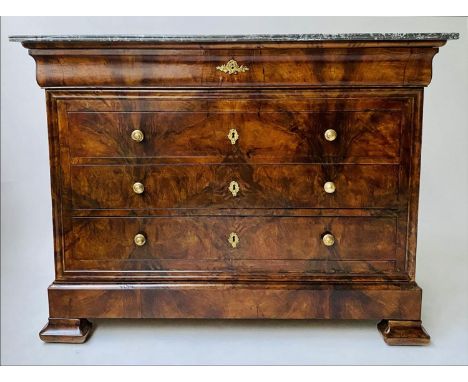 COMMODE, 19th century French Louis Philippe burr walnut with five long drawers and St Annes grey marble top, 129cm x 58cm x 9