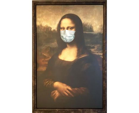 AFTER LEONDARDO DA VINCI MONA LISA WEARING A MASK, 120cm H x 80cm W, print on board, framed. 