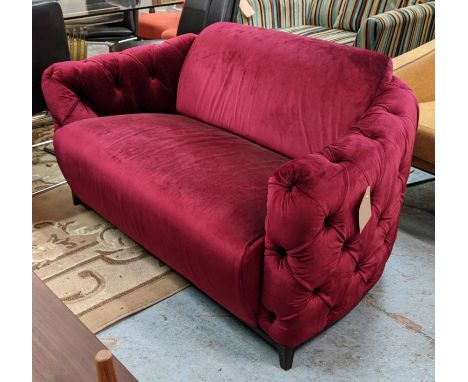 CALIA ITALIA SOFA, 150cm W, crimson red velvet button upholstered. 