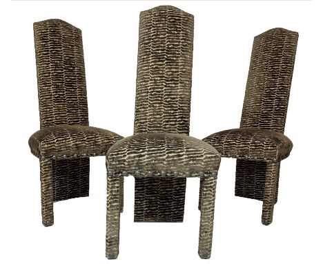 DINING CHAIRS, a set of ten, animal print upholstered with studded detail, 127cm H. 