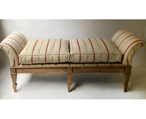 DAYBED, Regency style mahogany and striped twill upholstered with scroll ends and square supports, 186cm W. 