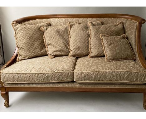 SOFA, French fruitwood and parcel gilt with gold silk brocade upholstery feather filled cushions and cabriole supports, 180cm