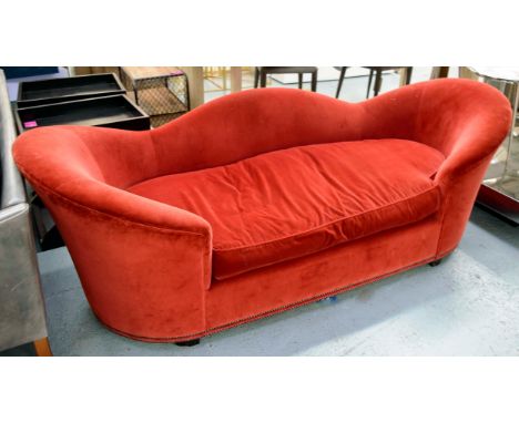 SOFA, 210cm W, crimson red velvet upholstered studded detail. 