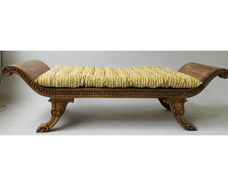 DAYBED, Anglo Colonial style faded teak with raised scroll ends and cushion, 169cm W. 