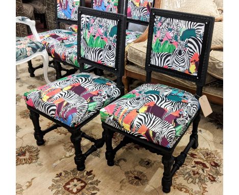 DINING CHAIRS, a set of eight, 94cm H, late Victorian, in a tropical zebra print velvet upholstery and later black painted fi
