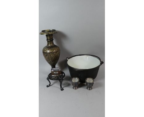 A Niello Style Vase, Enamel Jam Kettle, Kettle Stand etc 