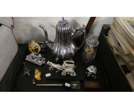 A Tray of Sundries to Include Wooden Snuff Box, Silver Plated Horse and Carriage Ornament, Silver Plated Coffee Pot, Lighter,