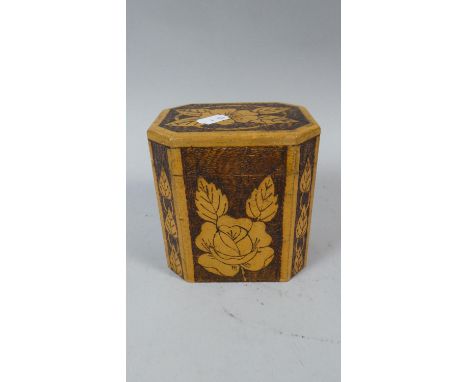 A Poker Work Tea Caddy with Hinged Lid, Inner Lid and Decorated with Flowers, 13cm High 