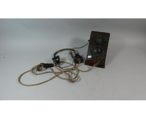 A Vintage Wooden Cased Radio with Headphones, 18cm High 