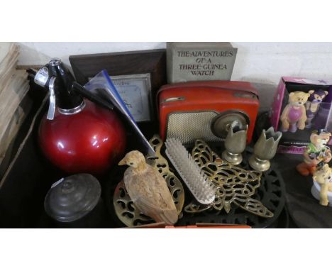 A Tray of Vintage Sundries to Include Radio, Tobacco Box, Sparklet Siphon, Brass Teapot Stands, Barometer etc 