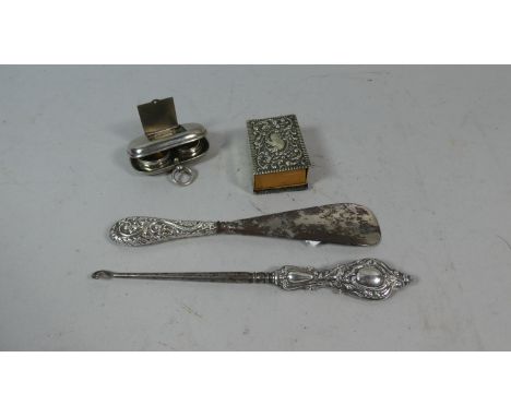 A Collection of Silver Mounted Items to Include Match Box Cover, Shoe Horn, Button Hook Together with a Silver Plated Full an