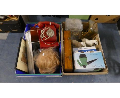 Two Boxes of Sundries to include Vintage Telephone, Carriage Clock, Buttons, Horse Ornaments etc 