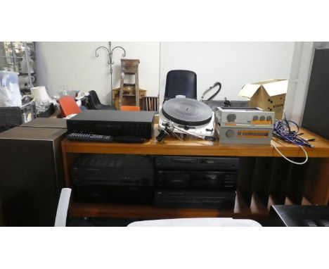A Vintage Music Trolley Containing Two Yamaha Cassette Decks, Two NAD Amplifiers, Denon Disk Player, Vintage Garrard Deck wit