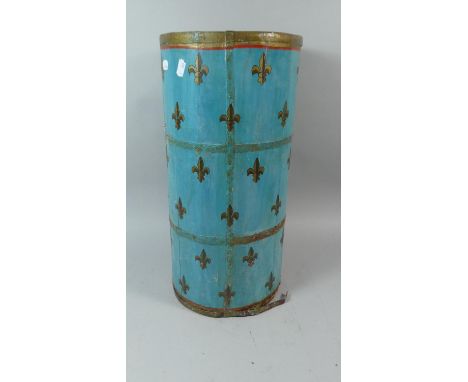 A Cylindrical Wooden Stick Stand Decorated in Blue with Gilt Fleur De Lys, 51cm High 