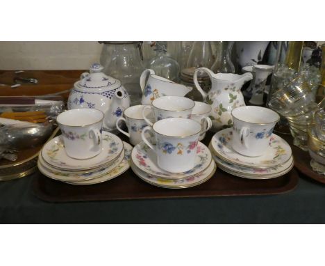 A Tray Containing Royal Worcester Kentmere Teawares, Wedgwood Wild Strawberry Milk Jug, Blue and White Teapot etc 