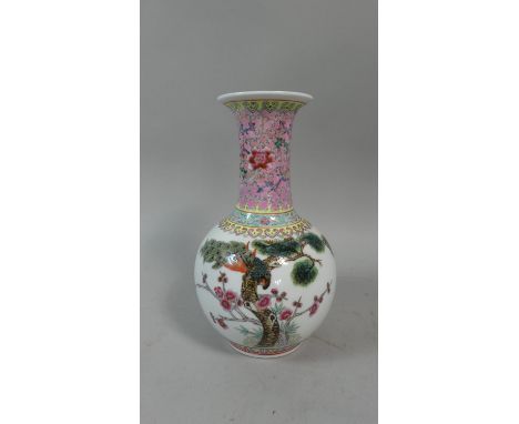 A Chinese Famille Rose Baluster Vase with Elongated Neck Decorated with Usual Enamels Tapering to Oval Body with Bird Among T