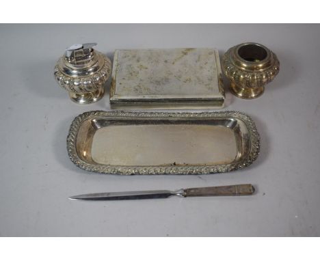 A Collection of Silver Plate to Include Small Tray, Table Lighter and Stand, Silver Letter Opener Etc 