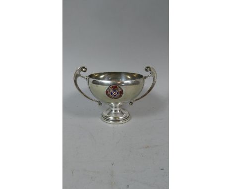 A Silver Plated Two Handled Sugar Bowl with Enamel Mount Inscribed RMS Gloucester Castle, 10cm Diameter 