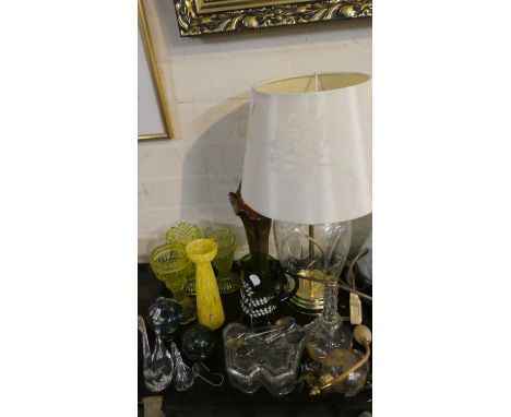 A Tray of Coloured and Plain Glassware to Include Etched Table Lamp, Mdina Glass Perfume Bottle, Paperweight, Perfume Atomise