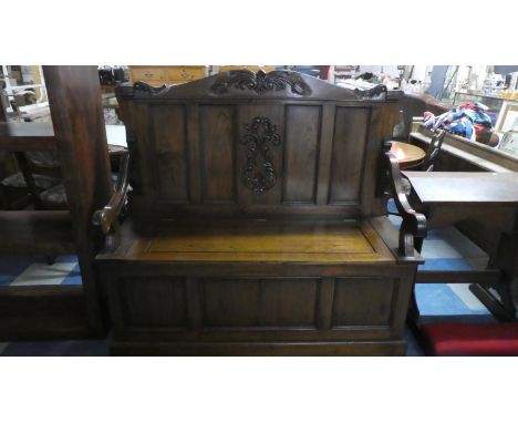 A Modern Indonesian Hardwood Settle with Carved Back Panel, 140cm Wide 