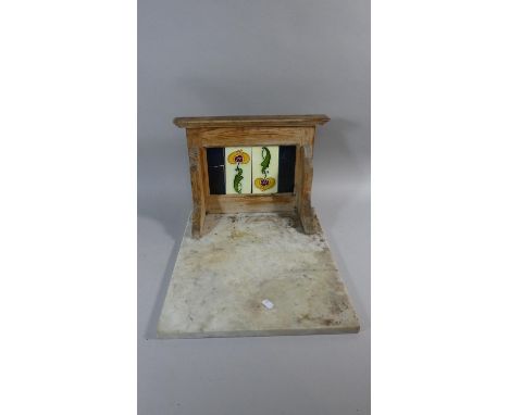 A Vintage Tile Backed Marble Pantry Cheese Stand, 45cm Long, One Tile Cracked 