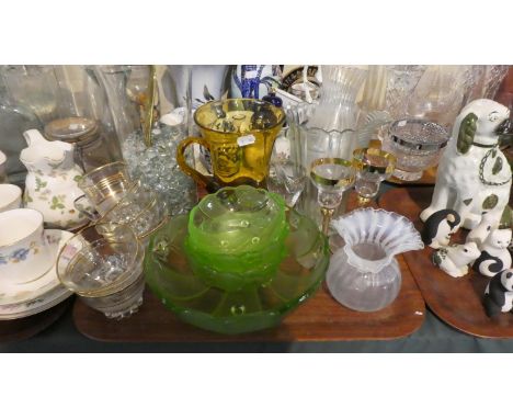 A Tray Containing Various Coloured and Plain Glassware to Include Fruit Set, Water Jugs, Glasses, Vases Etc 