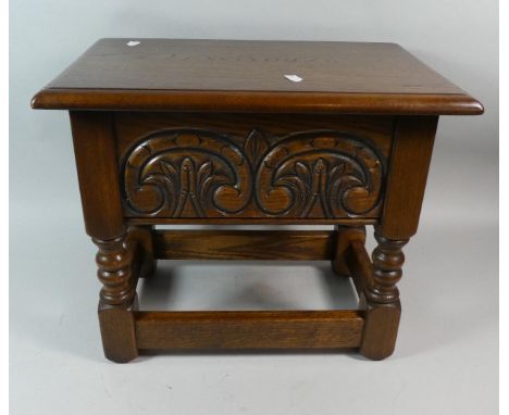 An Old Charm Oak Lift Top Box Stool with Carved Front Panel, 46cm Wide 